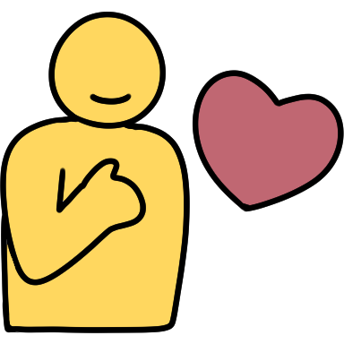 a smiling yellow figure with a hand on their chest. to their right, there is a heart.